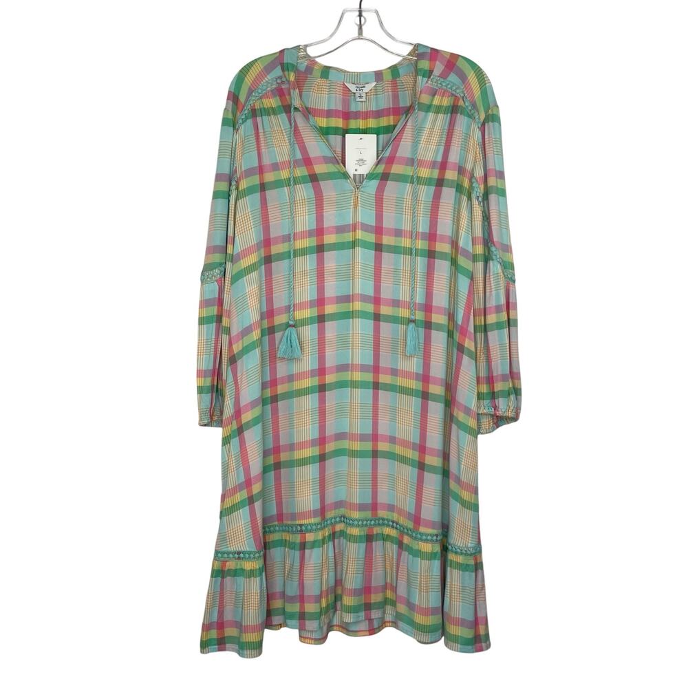 Crown & Ivy Multi Plaid Pastel Multicolor Peasant Dress Women's Large NWT